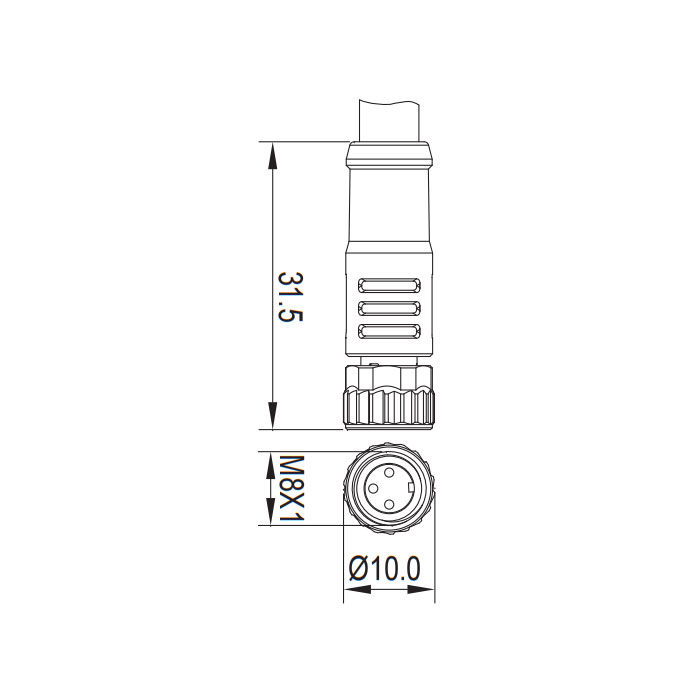 M8 3Pin、母頭直型、帶LED燈、單端預鑄PUR柔性電纜、黑色護套、63S041-XXX