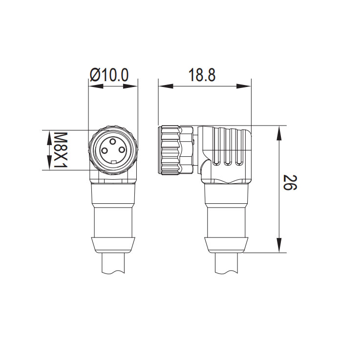 M8 3Pin、母頭90°、帶LED燈、單端預鑄PVC非柔性電纜、灰色護套、63S083-XXX