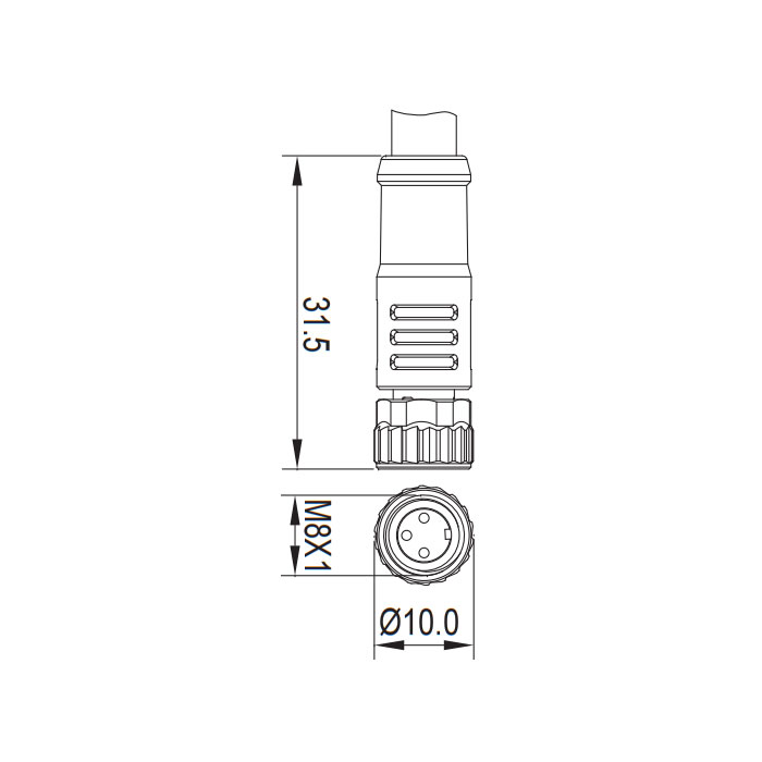 M8 3Pin、母頭直型、單端預(yù)鑄PVC非柔性電纜、灰色護(hù)套、63S023-XXX