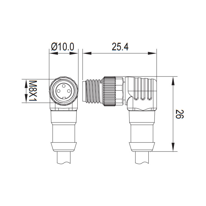 M8 3Pin、公頭90°、單端預(yù)鑄PVC非柔性電纜、灰色護(hù)套、63S203-XXX