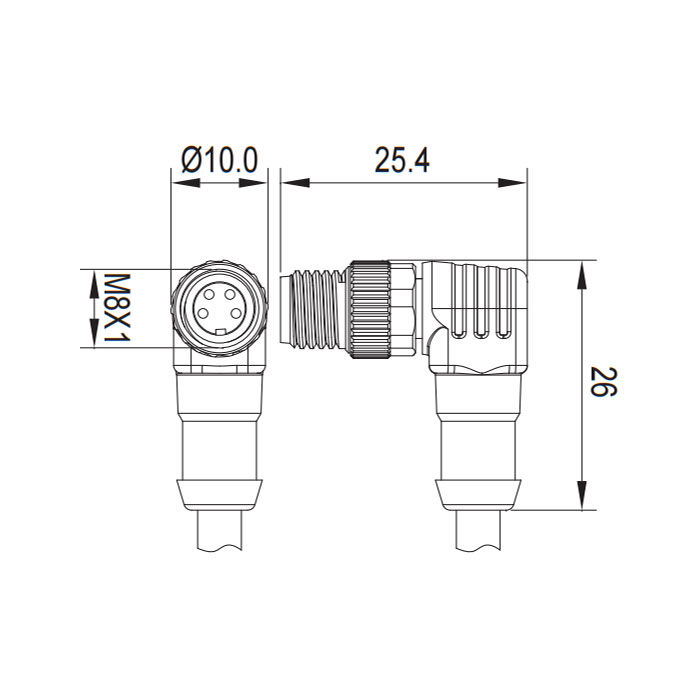 M8 4Pin、公頭90°、單端預鑄PVC非柔性電纜、灰色護套、63S223-XXX