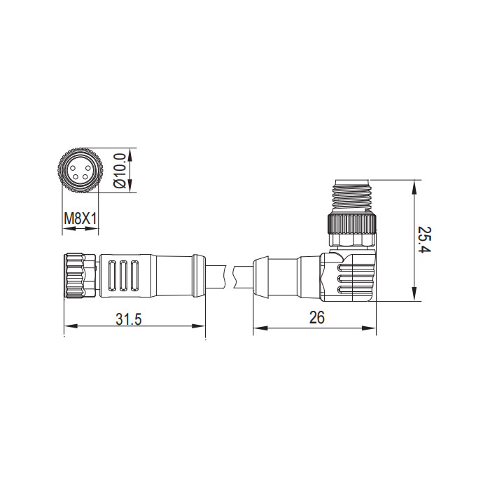 M8 4Pin、母頭直型轉公頭90°、雙端預鑄PUR柔性電纜、帶屏蔽、黑色護套、63D145-XXX