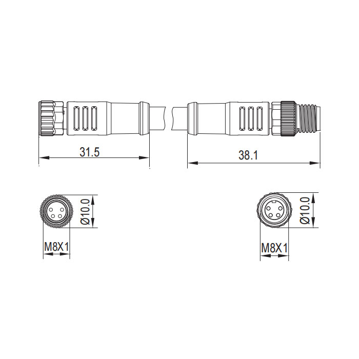 M8 4Pin、母頭直型轉公頭直型、雙端預鑄PVC非柔性電纜、灰色護套、63D123-XXX