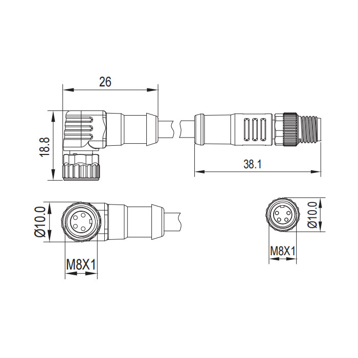 M8 4Pin、母頭90°、帶LED燈轉公頭直型、雙端預鑄PUR柔性電纜、黑色護套、63D181-XXX