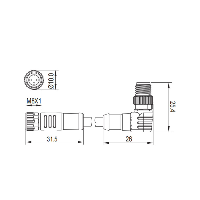 M8 3Pin、母頭直型轉(zhuǎn)公頭90°、雙端預(yù)鑄PUR柔性電纜、黑色護套、63D041-XXX 