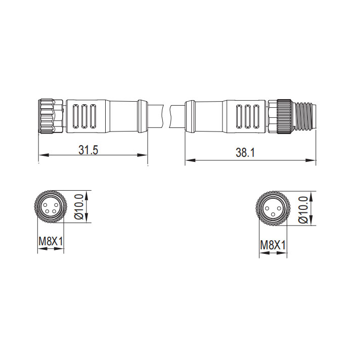 M8 3Pin、母頭直型轉公頭直型、雙端預鑄PUR柔性電纜、黑色護套、63D101-XXX