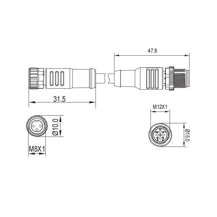 M8母頭直型轉(zhuǎn)M12公頭直型、3Pin、雙端預(yù)鑄PUR柔性電纜、黑色護(hù)套、 63D201-XXX