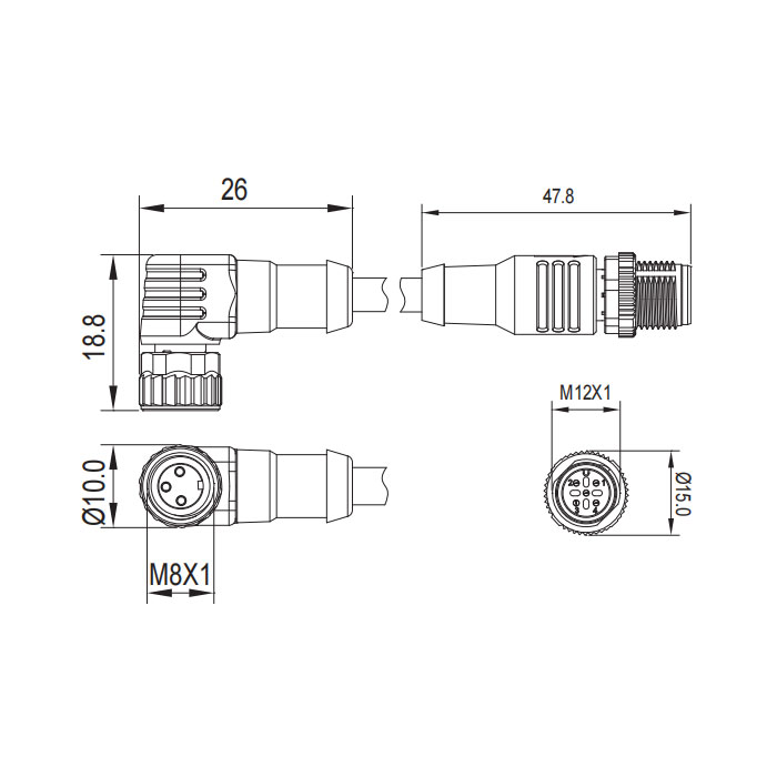 M8母頭90°轉M12公頭直型、3Pin、雙端預鑄PVC非柔性電纜、灰色護套、63D223-XXX 