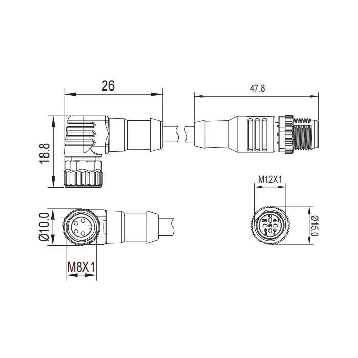 M8母頭90°、帶LED燈轉M12公頭直型、 4Pin、雙端預鑄PVC非柔性電纜、灰色護套、63D303-XXX