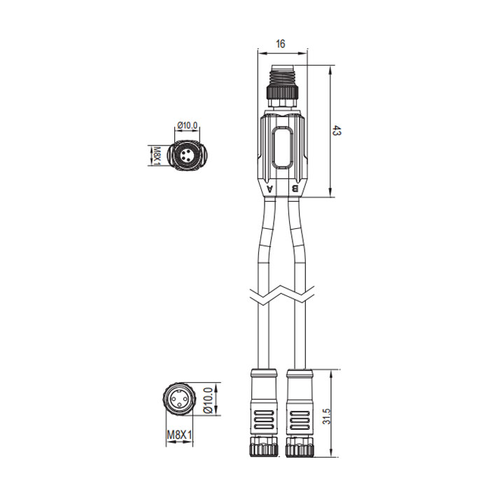 M8 4Pin公頭/2M8 3Pin母頭、Y型預(yù)鑄PUR拖鏈電纜、黑色護(hù)套、63D321-XXX