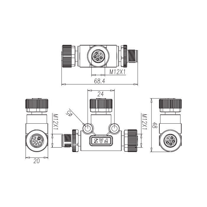 M12 5Pin公頭/2M12 5Pin母頭、L扣、T型連接器、64L555