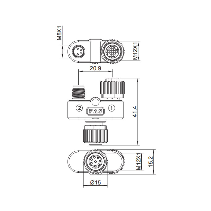 M12 8Pin母頭/M12 4Pin母頭D扣+M8 4Pin公頭、三通接頭、648D41