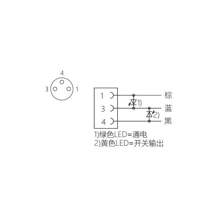 M8 3Pin、母頭90°、帶LED燈、單端預鑄PVC非柔性電纜、灰色護套、63S083-XXX