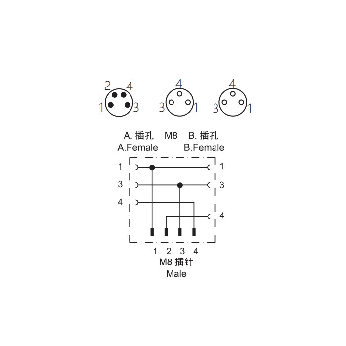 M8 4Pin公頭/2M8 3Pin母頭、Y型預(yù)鑄PUR拖鏈電纜、黑色護(hù)套、63D321-XXX