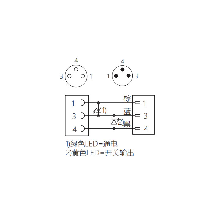 M8 3Pin、母頭90°、帶LED燈轉公頭直型、雙端預鑄PUR柔性電纜、黑色護套、63D081-XXX 