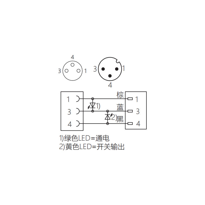 M8母頭90°、帶LED燈轉(zhuǎn)M12公頭直型、3Pin、雙端預(yù)鑄PUR柔性電纜、黑色護(hù)套、63D241-XXX