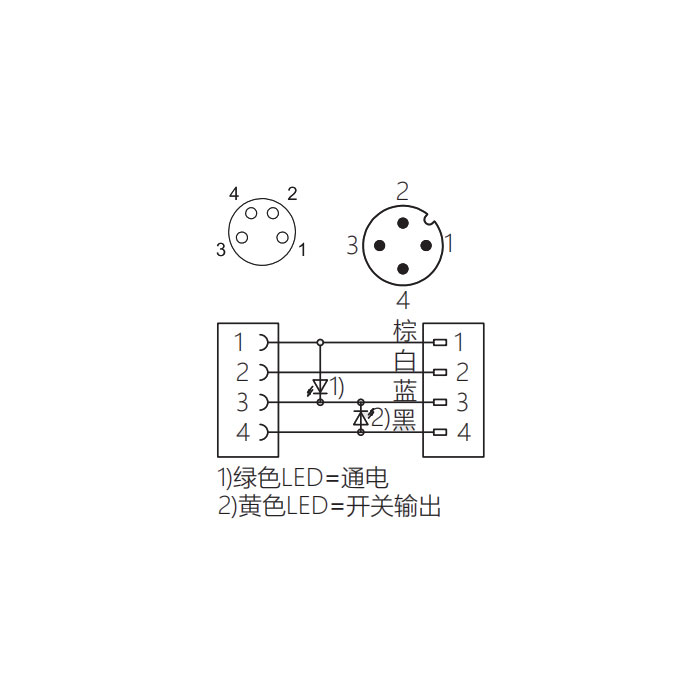 M8母頭90°、帶LED燈轉M12公頭直型、 4Pin、雙端預鑄PVC非柔性電纜、灰色護套、63D303-XXX