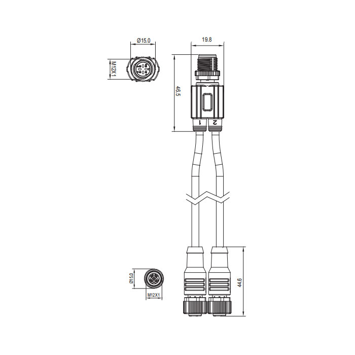 M12 4Pin male/2M12 3Pin female、Y-type pre cast PUR drag chain cable、Black sheath、64D401-XXX