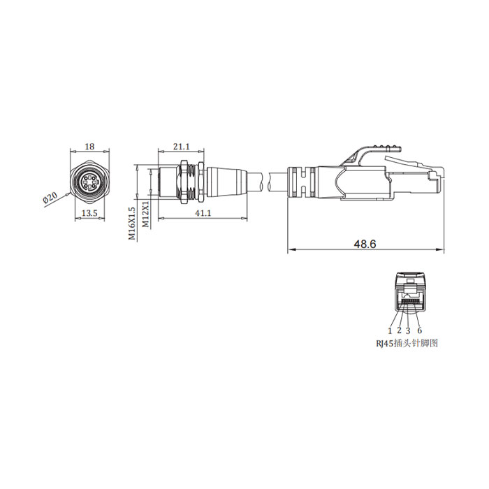 M12 4Pin 板面法蘭母頭（D-coded）轉RJ45公頭直型、雙端預鑄PVC非柔性電纜、帶屏蔽、綠色護套、0C3061-XXX