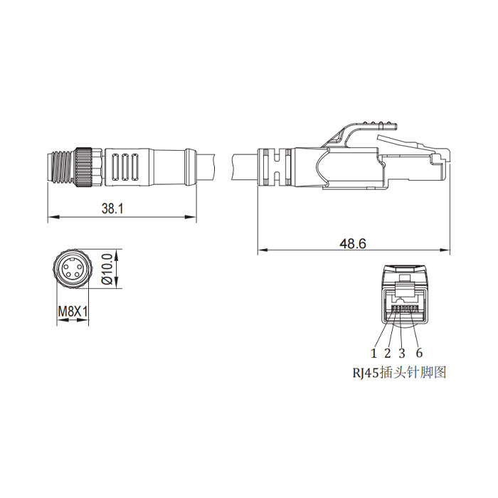 M8 4Pin 公頭直型轉RJ45公頭直型、雙端預鑄PUR柔性電纜、帶屏蔽、綠色護套、0C3021-XXX