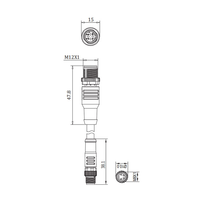 M8公頭直型4Pin轉(zhuǎn)M12公頭直型 4Pin（D-coded)、雙端預(yù)鑄PUR柔性電纜、帶屏蔽、綠色護(hù)套、0C3063-XXX