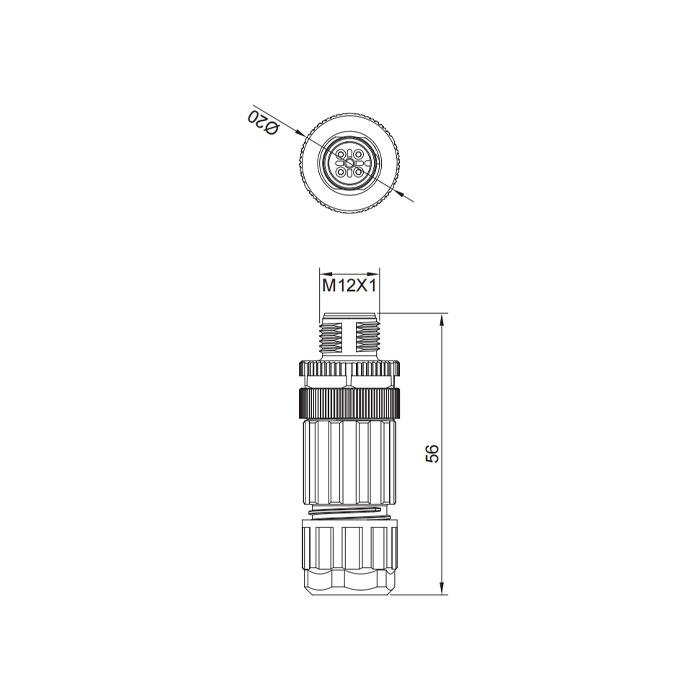 M12 4Pin、公頭直型、螺釘連接、64F121