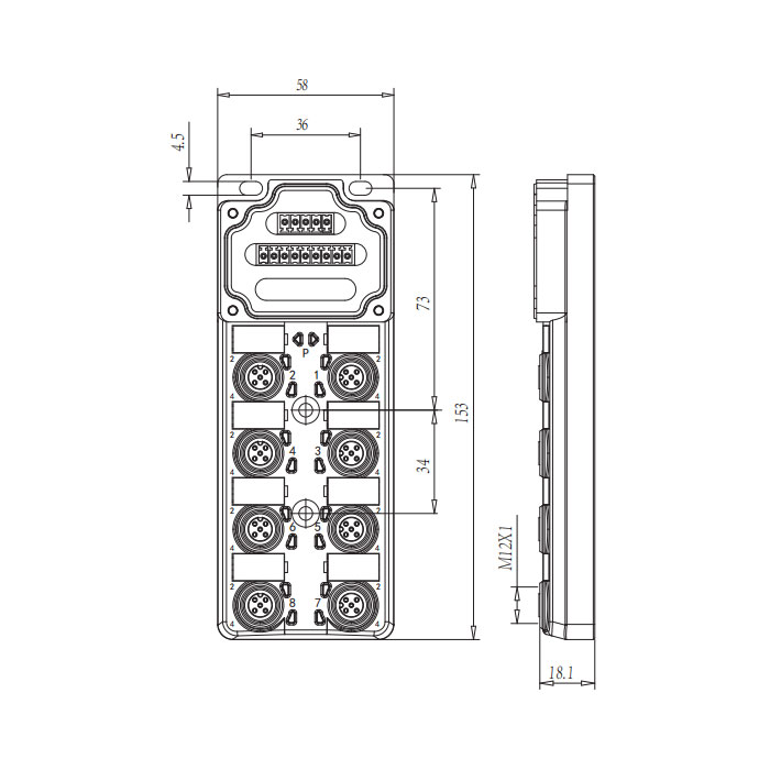 M12分線盒、單通道、NPN、8端口分體式、帶LED、PCB端子、24N80E