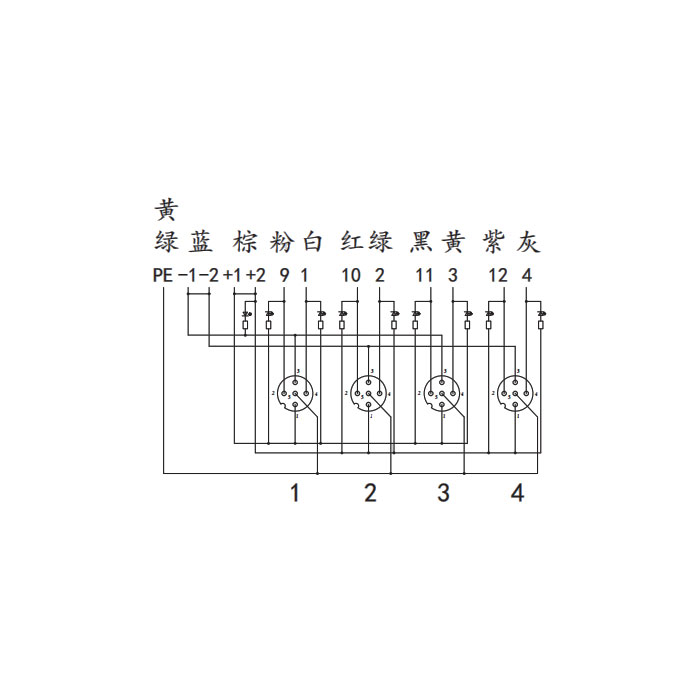 M12分線盒、雙通道、NPN、4端口分體式、帶LED、PCB端子、24N40G