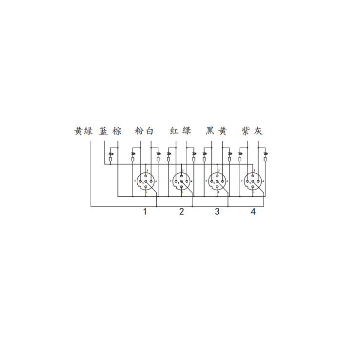 M12分線盒、雙通道、NPN、4端口一體式、帶LED、PVC非柔性電纜、灰色護(hù)套、24N4A1-XXX