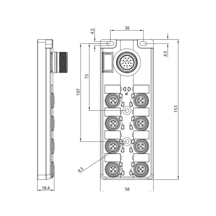 M12分線盒、單通道、Without LED、8端口分體式、M23集成接口基座、24W8CT