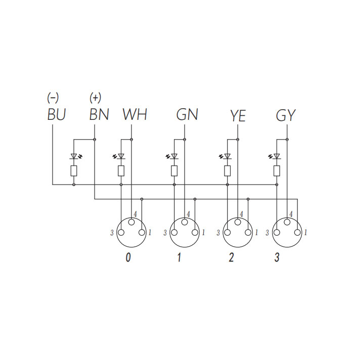 M8 Junction box、Single channel、PNP、4 port 、All-in-one、With LED、PVC non-flexible cable、Gray sheath、23P421-XXX