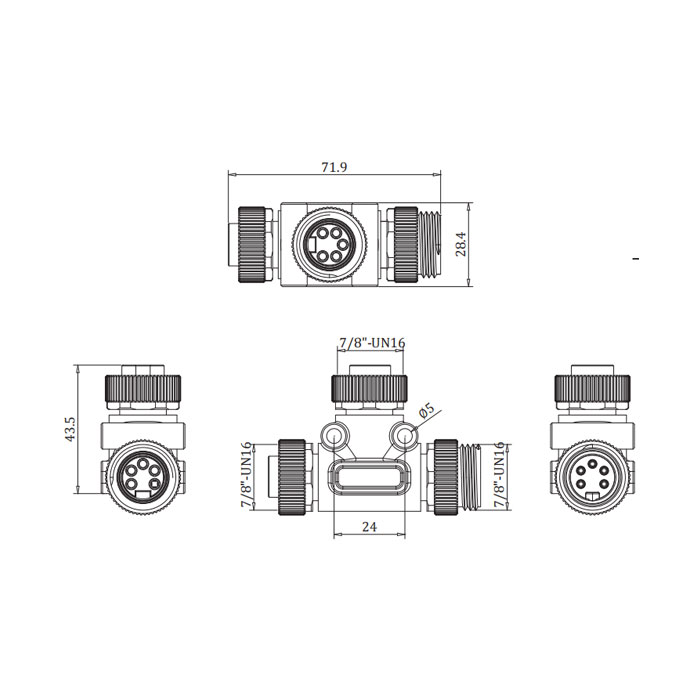 7/8" 5Pin 公頭/2x 7/8" 5Pin 母頭、T型三通、0PI555