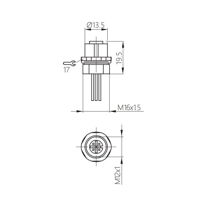 M12 5Pin、母頭直型、法蘭插座、板前安裝、適用于PCB安裝、64SA41P