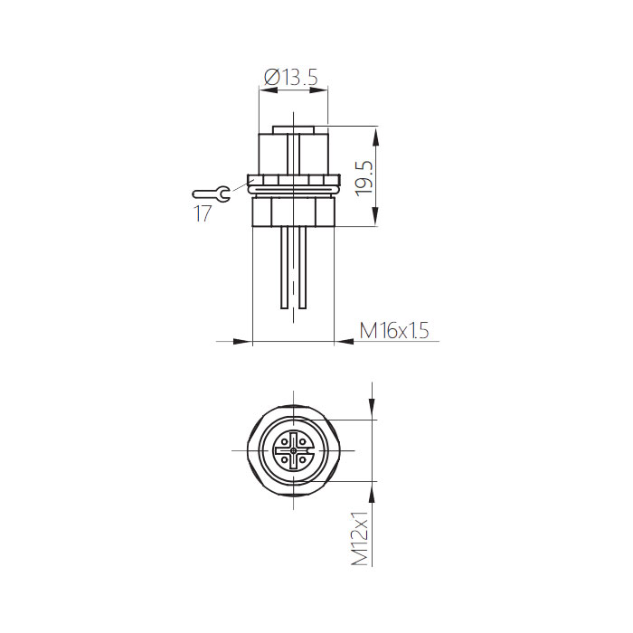 M12 4Pin、母頭直型、法蘭插座、板前安裝、預(yù)鑄UL電子線、64SA01-XXX