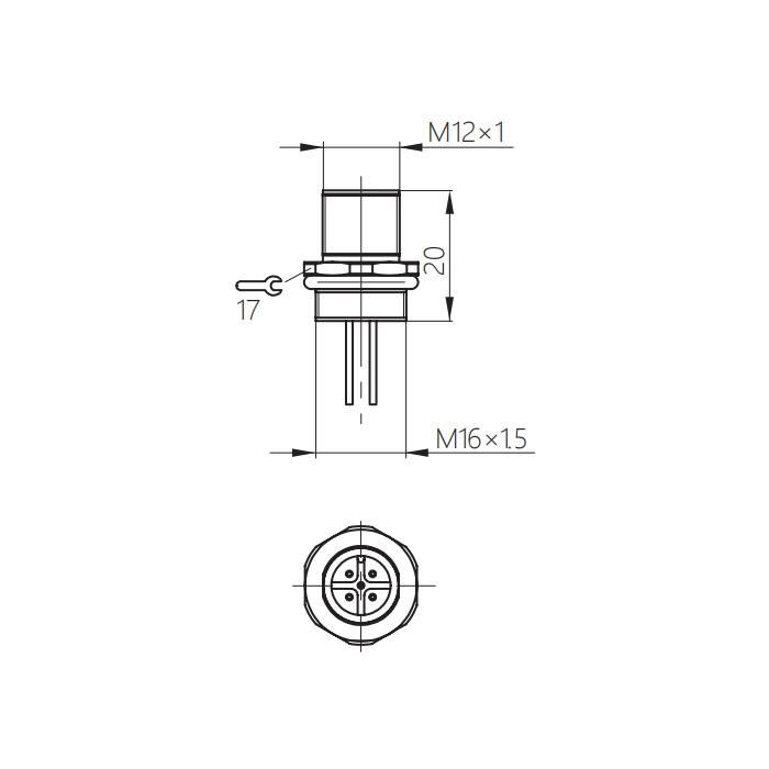 M12 4Pin、公頭直型、法蘭插座、板前安裝、預鑄UL電子線、64SA21-XXX