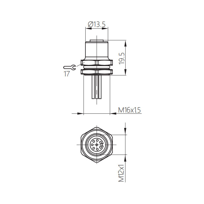 M12 8Pin、公頭直型、法蘭插座、板前安裝、適用于PCB安裝、64SB21P