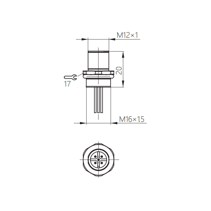 M12 5Pin、公頭直型、法蘭插座、板前安裝、預鑄UL電子線、64SA61-XXX