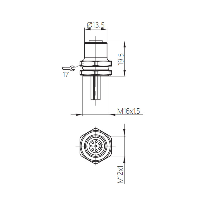 M12 8Pin、母頭直型、法蘭插座、板前安裝、適用于PCB安裝、64SB01P