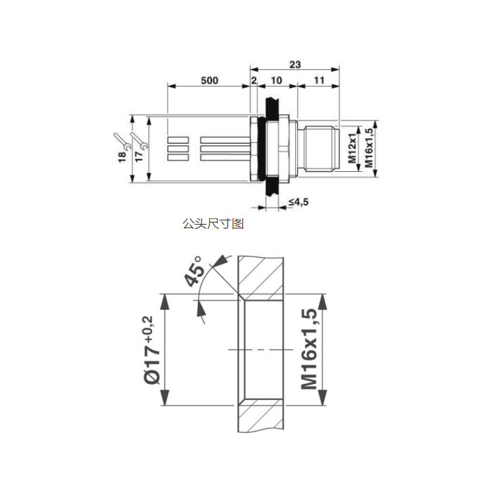 M12 5Pin、公頭直型、法蘭插座、板后安裝、預鑄UL電子線、64SC01-XXX