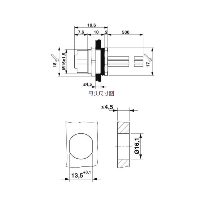 M12 12Pin、母頭直型、法蘭插座、板后安裝、預(yù)鑄UL電子線、64SC61-XXX