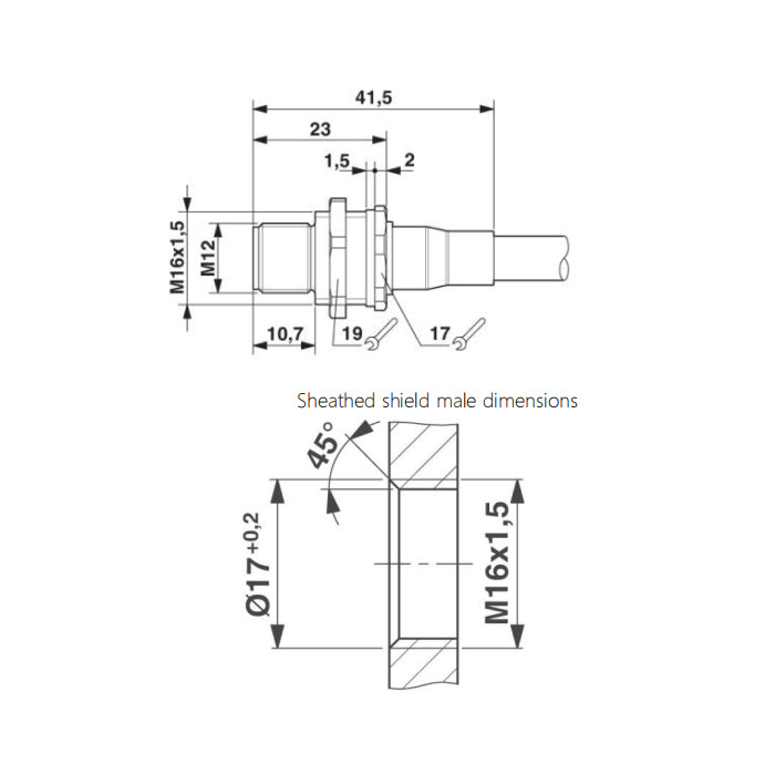 M12 4Pin、Male、Flanged connector、Board rear mount、PCB installation、64SB61P