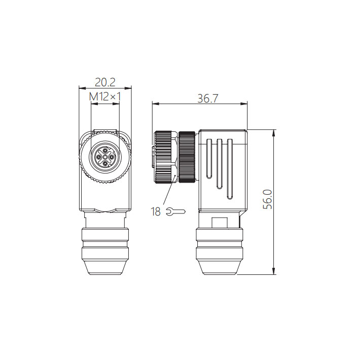 M12  5Pin、B-coded、母頭90°、螺釘連接、金屬屏蔽、0CF061