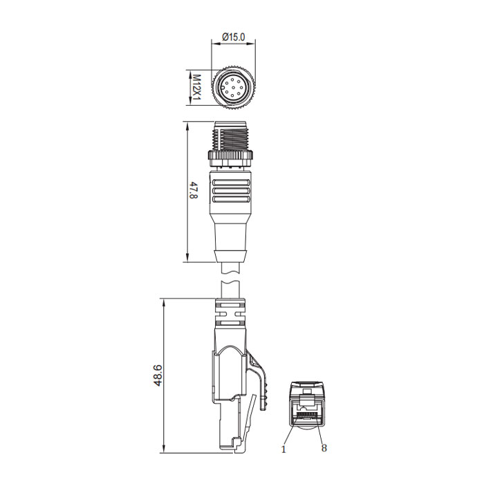 M12 8Pin straight male/RJ45 male、Dual end pre cast TPE flexible cable、With shielding、Blue sheath、Ethernet Cat.5e、0C4461-XXX 