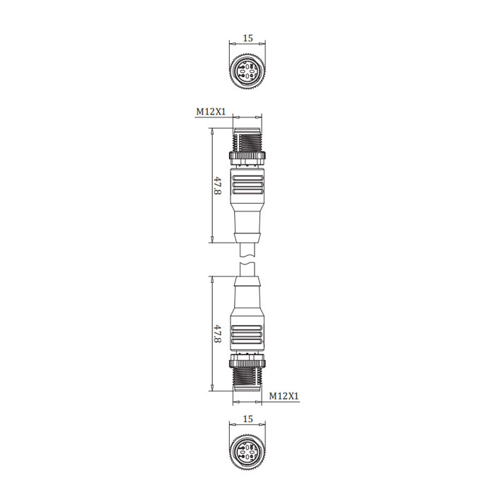 M12 4Pin D-coded、公頭直型轉公頭直型、雙端預鑄PUR柔性電纜、帶屏蔽、黃色護套、0C4102-XXX