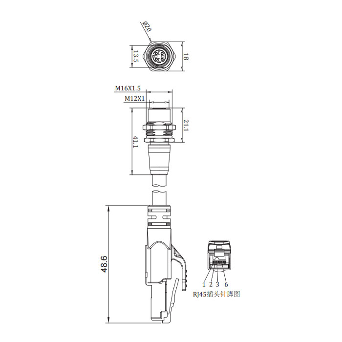 M12 4Pin D-coded 板面法蘭母頭轉RJ45公頭直型、雙端預鑄PVC非柔性電纜、帶屏蔽、黃色護套、0C4228-XXX