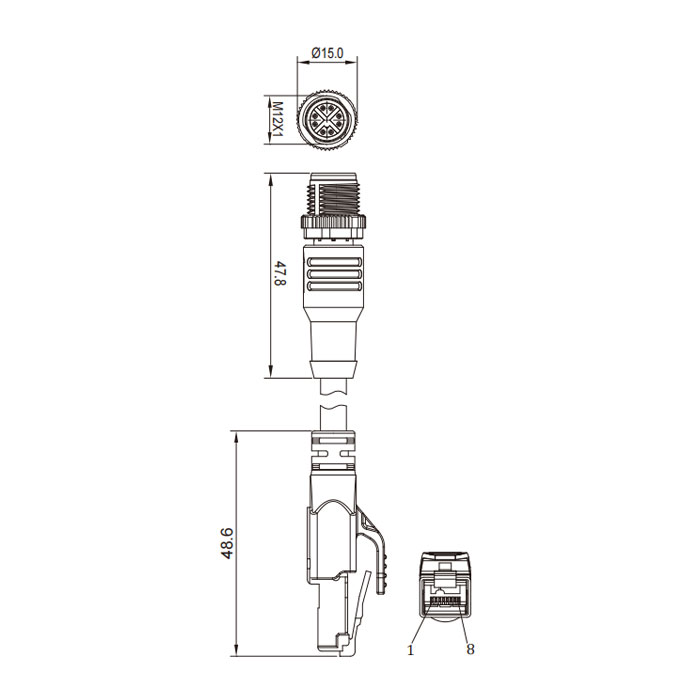 M12 8Pin（X-coded）公頭直型轉RJ45公頭直型、雙端預鑄TPE柔性電纜、帶屏蔽、綠色護套、Ethernet Cat.6a 10Gbps、0CF461-XXX