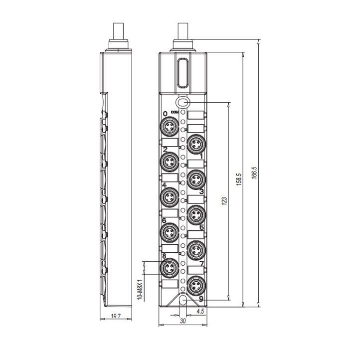 M8分線盒、單通道、PNP、10端口一體式、帶LED、PUR柔性電纜、黑色護套、23PA11-XXX