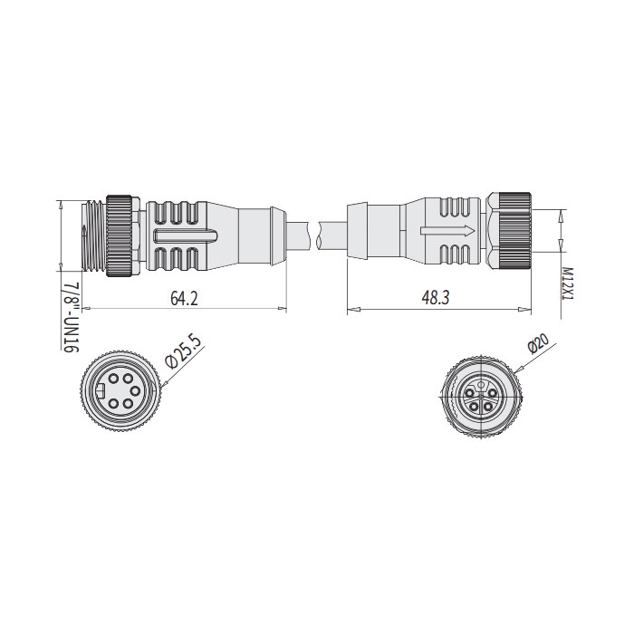 M12 5Pin 母頭直型L-coded 轉7/8"5Pin 公頭直型A-coded、雙端預鑄PVC非柔性電纜、灰色護套、64L781-XXX