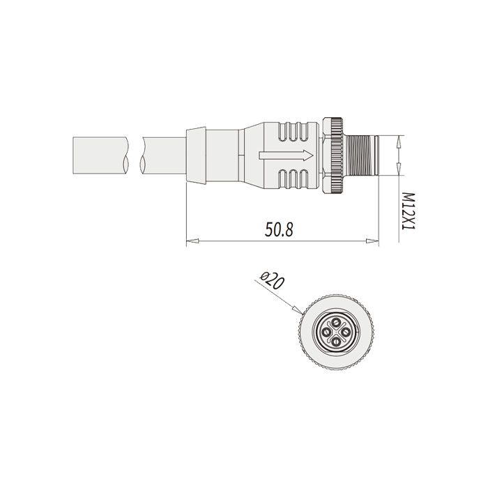 M12 4Pin S-coded、公頭直型、單端預鑄PVC非柔性電纜、灰色護套、64SP21-XXX