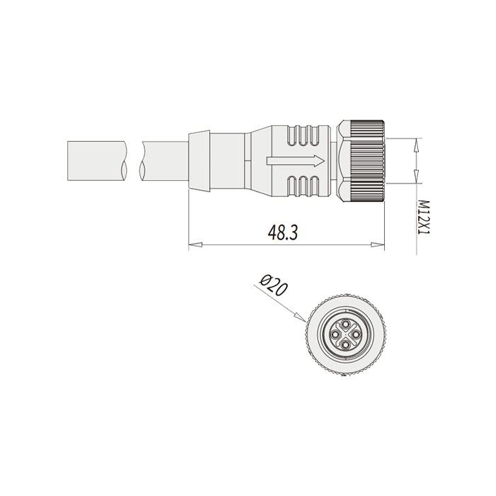 M12 4Pin S-coded、母頭直型、單端預鑄PUR柔性電纜、黑色護套、64SP05-XXX